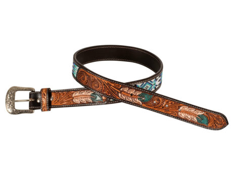 UNISEX WESTERN BEADED BELT WITH FEATHER ENGRAVING