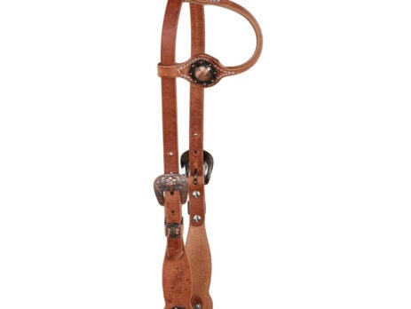 ONE EAR COPPER FLORAL BUCKLE W/FLORAL CONCHO OILED WESTERN BRIDLE